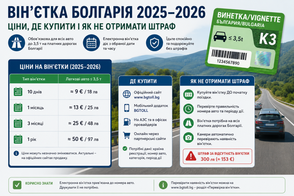Вінʼєтка Болгарія 2025–2026: ціни, де купити і як не отримати штраф