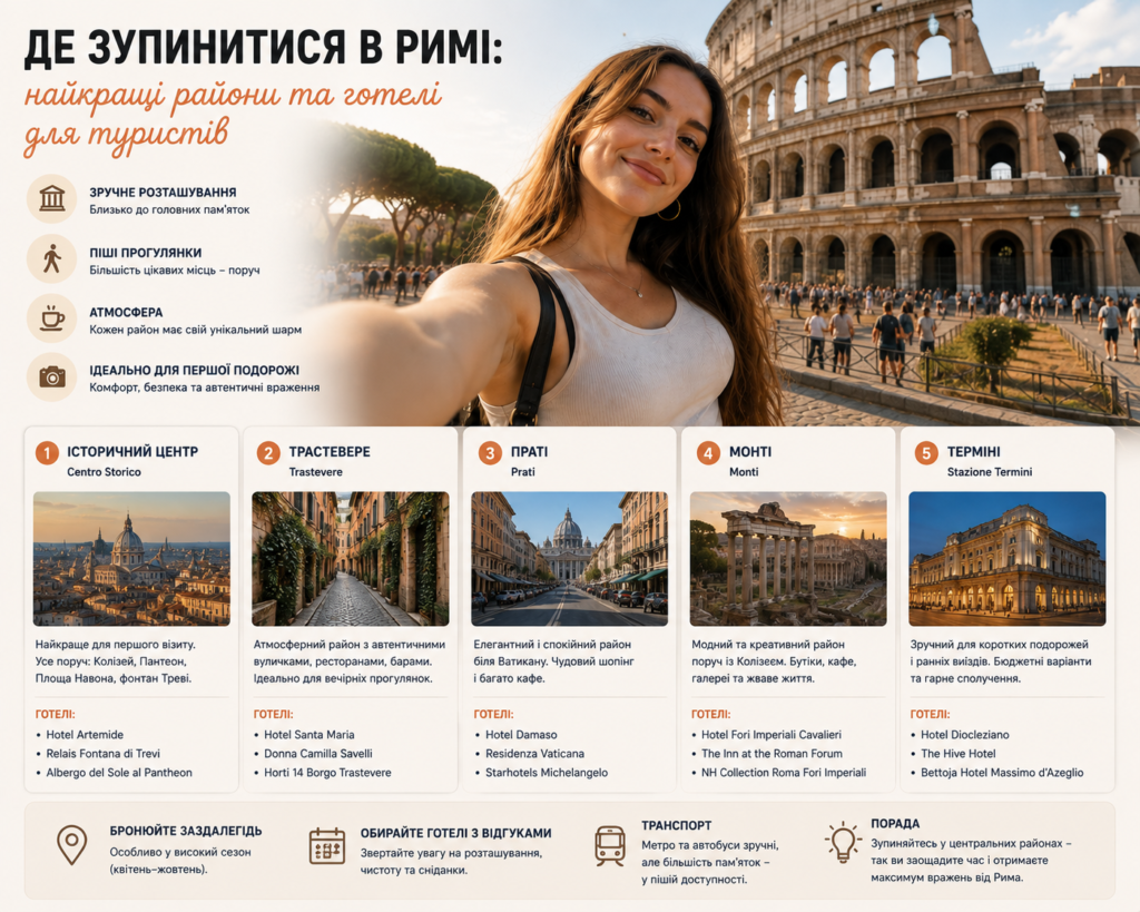 Де зупинитися в Римі: найкращі райони та готелі для туристів у 2026 році